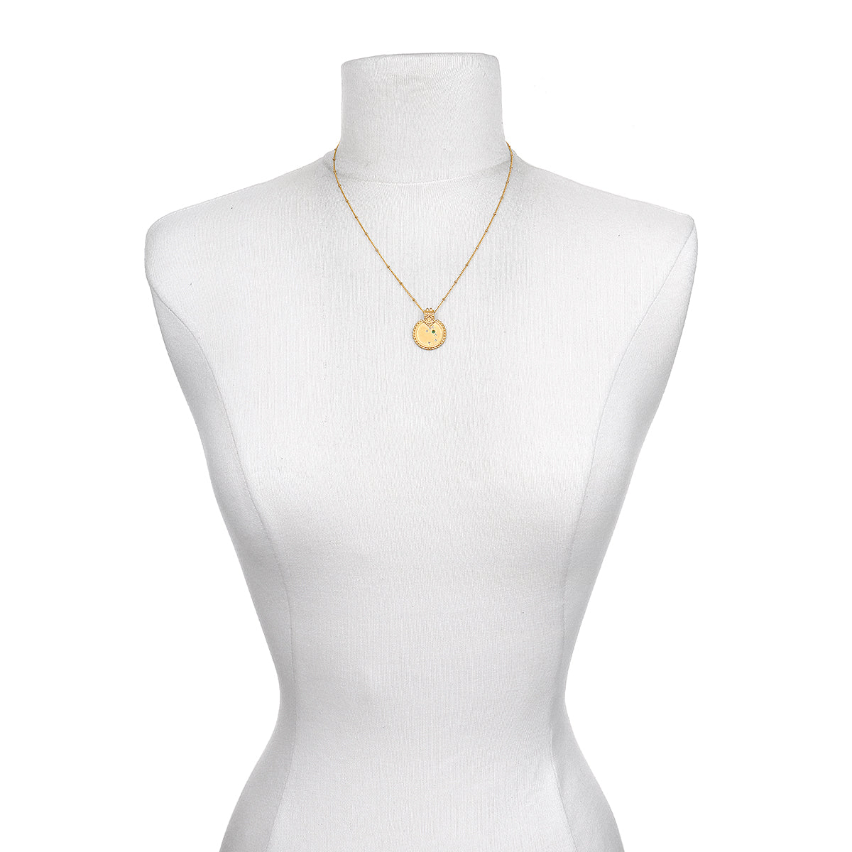 Mandala Zodiac Taurus Emerald Necklace displayed on a mannequin, highlighting its beauty as a piece of spiritual jewelry. A symbolic representation for Taurus, this necklace is ideal for meditation gifts and meaningful manifestations.