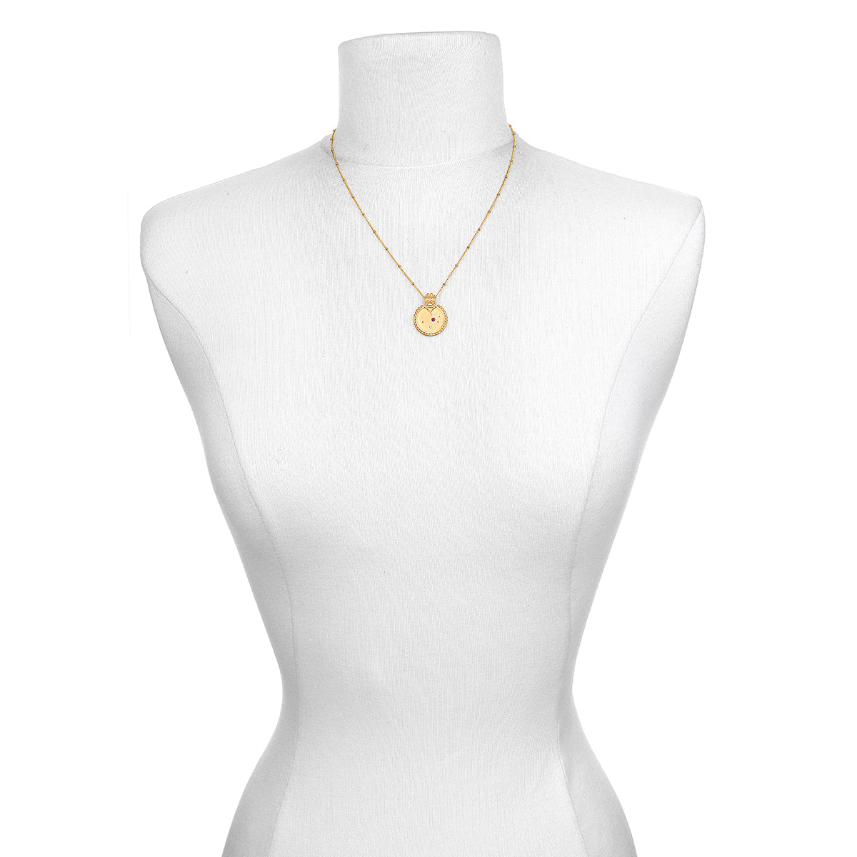 The Mandala Zodiac Aquarius Amethyst Necklace displayed on a mannequin, emphasizing its unique design that resonates with those who appreciate meaningful and protective spiritual jewelry. This necklace is a beautiful representation of the zodiac, perfect for manifestation and yoga.