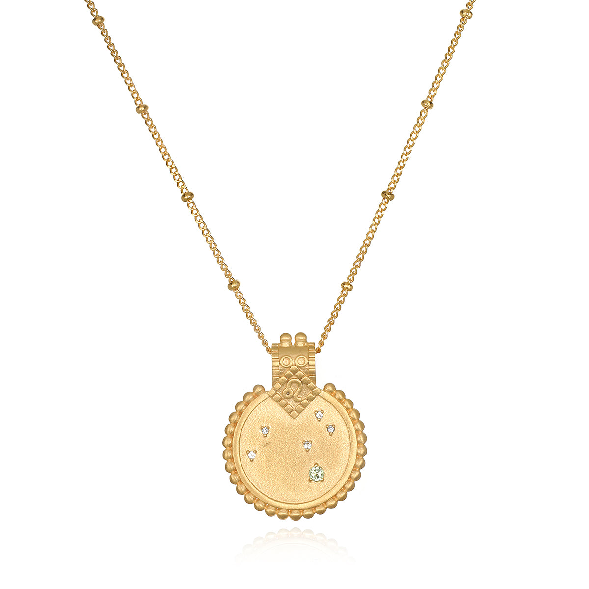 Mandala Zodiac Leo Peridot Necklace showcasing intricate design and radiant gold plating, perfect for spiritual jewelry, meditation, and as a protective talisman. This zodiac-themed necklace embodies the energy of the sun and is meaningful for those practicing yoga and manifestation.