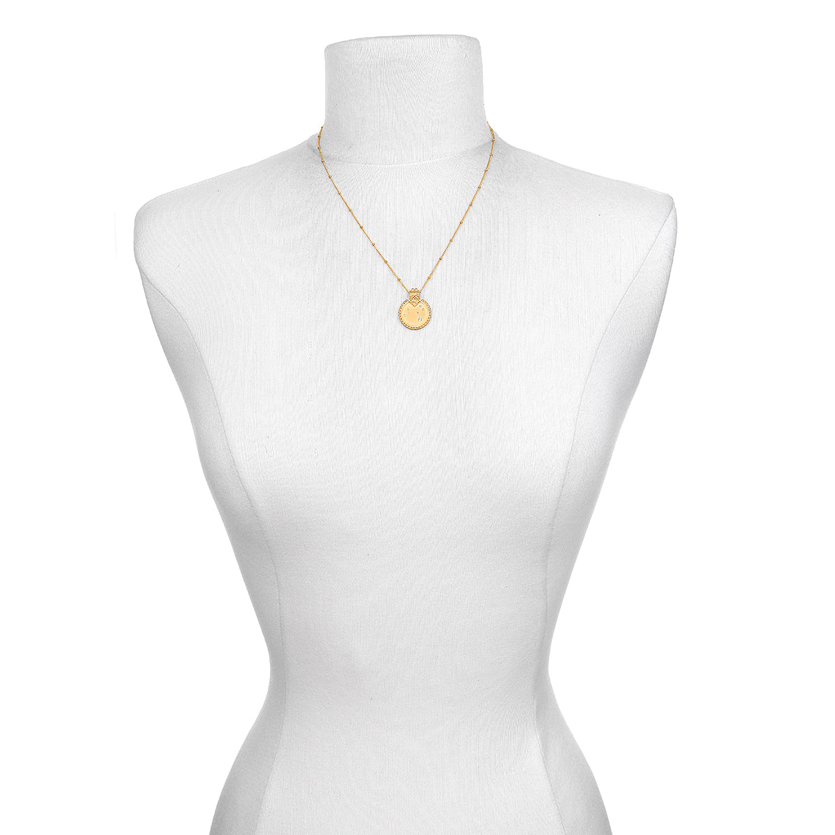 Mandala Zodiac Leo Peridot Necklace displayed on a mannequin, showcasing its design and connection to spiritual practices, yoga, and manifestation features related to the fire sign Leo.