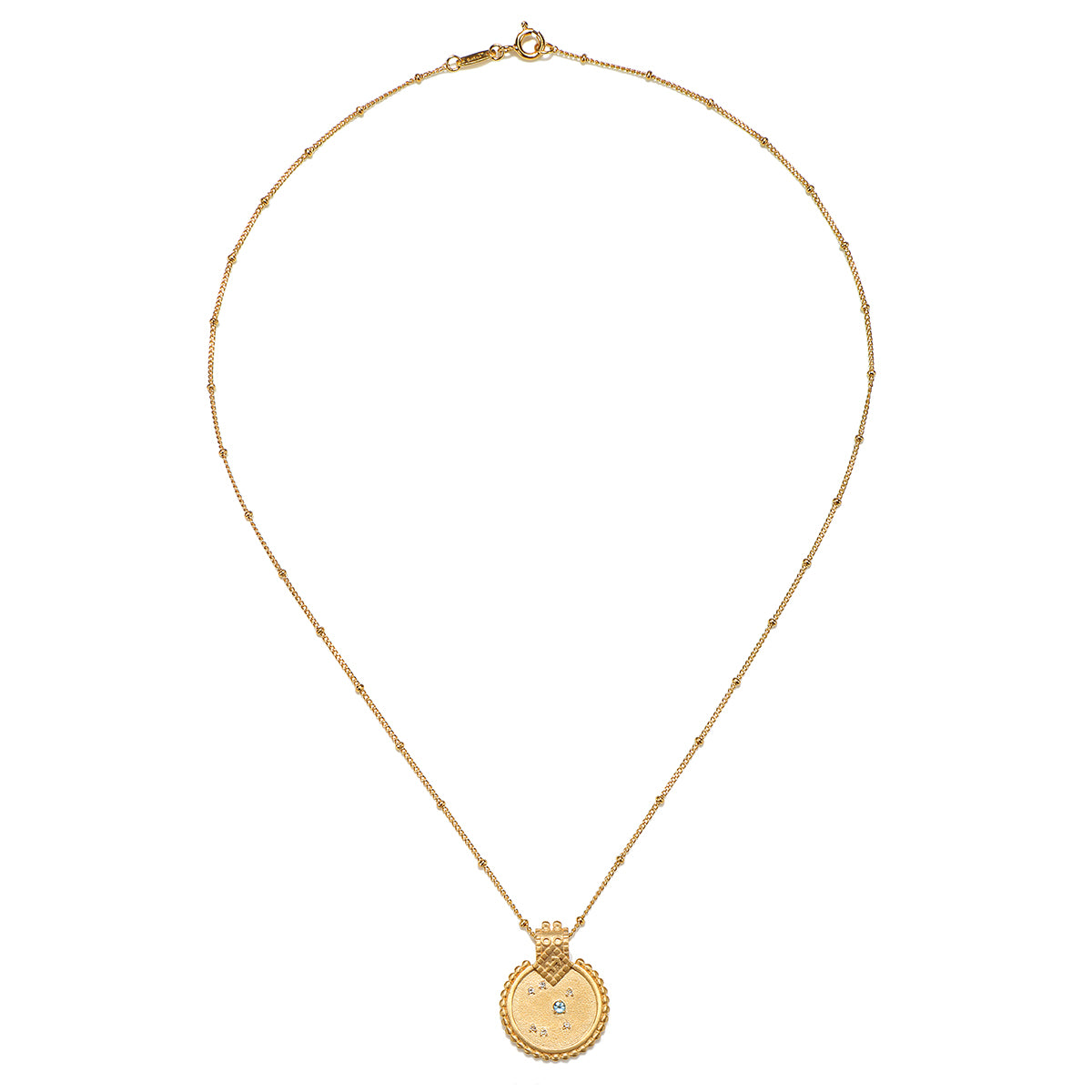 Mandala Zodiac Sagittarius Blue Topaz Necklace, a beautiful piece of spiritual jewelry designed to enhance meditation and serve as a talisman for Sagittarius individuals, embodying meanings of protection and manifestation, perfect for yoga and spiritual practices.