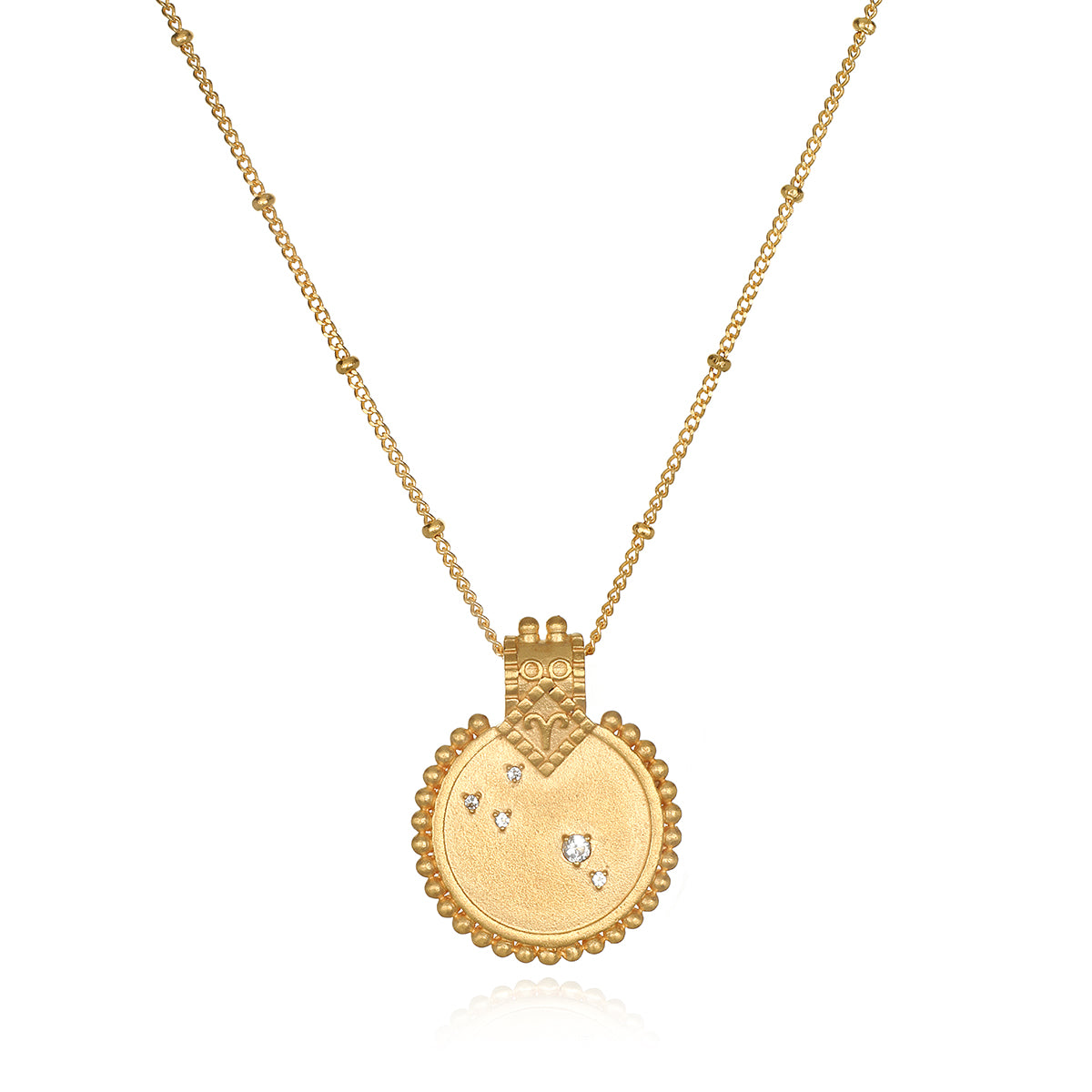 A stunning Mandala Zodiac Aries White Topaz Necklace featuring a round pendant surrounded by intricate detailing, symbolizing individual strength and creativity. Perfect for spiritual jewelry and meditation gifts, this unique piece embodies meaningful attributes that resonate with the Aries zodiac sign.