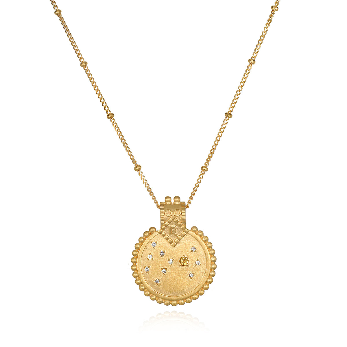 Mandala Zodiac Scorpio Citrine Necklace featuring intricate designs, perfect for spiritual jewelry, enhancing meditation and serving as a talisman for zodiac enthusiasts. This meaningful piece captures the essence of sun and moon energy, ideal for yoga and guiding manifestation.