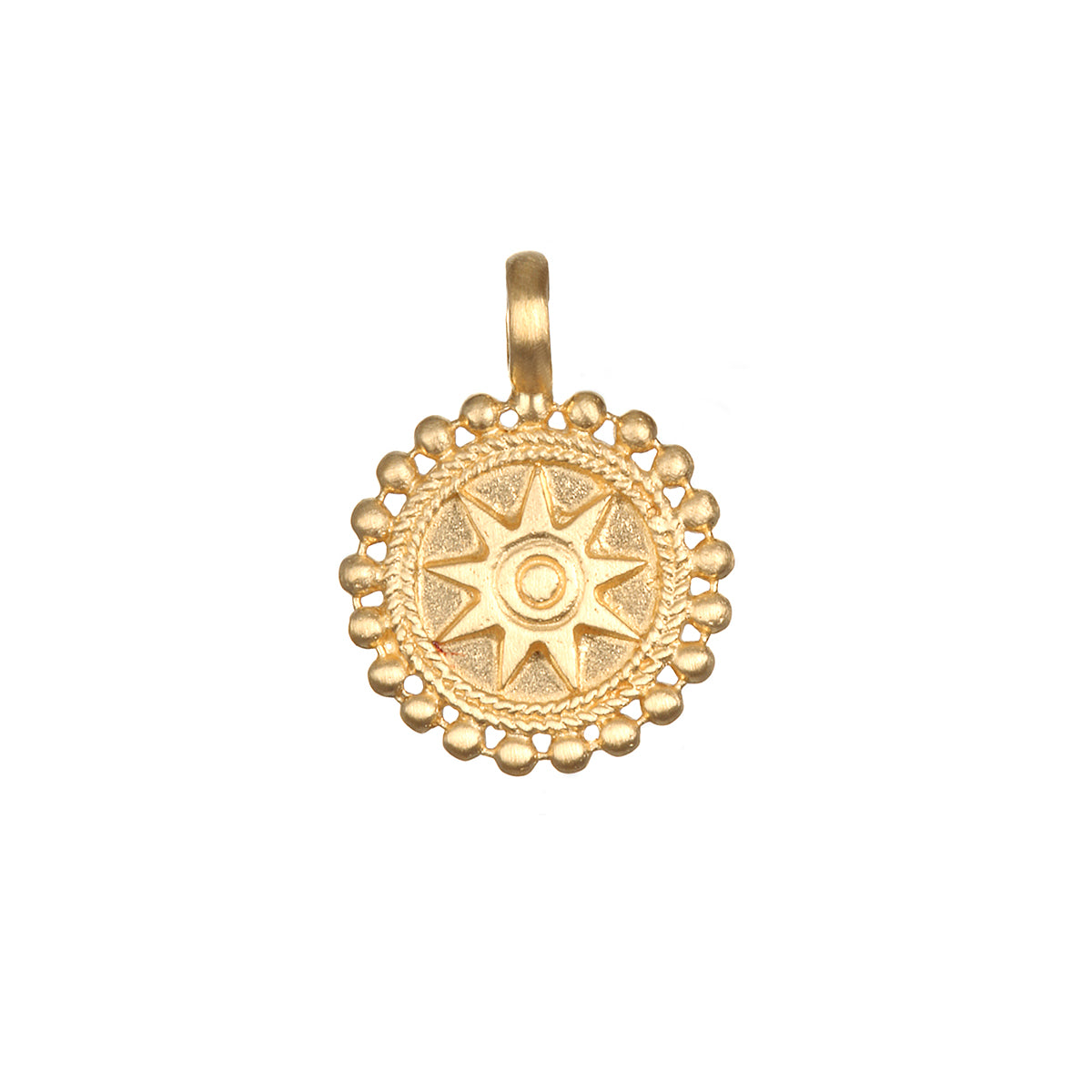 Golden Mandala Charm, a beautifully crafted 18kt gold plated pendant symbolizing spiritual connection and protection, perfect for meditation and as a meaningful addition to your charm necklace. This talisman, inspired by the sun and moon, promotes balance in yoga practices and supports manifestation, making it a cherished piece in spiritual jewelry collections.