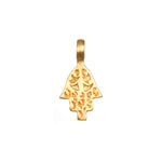 Hand of Protection Charm in 18kt gold plate showcasing intricate hamsa design. This spiritual jewelry serves as a meaningful talisman for protection and meditation, perfect for yoga practitioners seeking peace and manifestation in their lives.