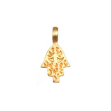 Hand of Protection Charm in 18kt gold plate showcasing intricate hamsa design. This spiritual jewelry serves as a meaningful talisman for protection and meditation, perfect for yoga practitioners seeking peace and manifestation in their lives.