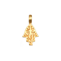 Hand of Protection Charm in 18kt gold plate showcasing intricate hamsa design. This spiritual jewelry serves as a meaningful talisman for protection and meditation, perfect for yoga practitioners seeking peace and manifestation in their lives.