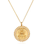 Lakshmi Hindu Goddess, Abundance Necklace featuring a beautifully detailed gold pendant surrounded by sparkling white topaz, symbolizing prosperity and creativity. This spiritual jewelry piece serves as a perfect talisman for meditation practices, promoting meaningful manifestations and protection during yoga.