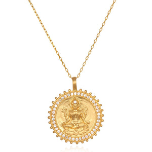 Lakshmi Hindu Goddess, Abundance Necklace featuring a beautifully detailed gold pendant surrounded by sparkling white topaz, symbolizing prosperity and creativity. This spiritual jewelry piece serves as a perfect talisman for meditation practices, promoting meaningful manifestations and protection during yoga.