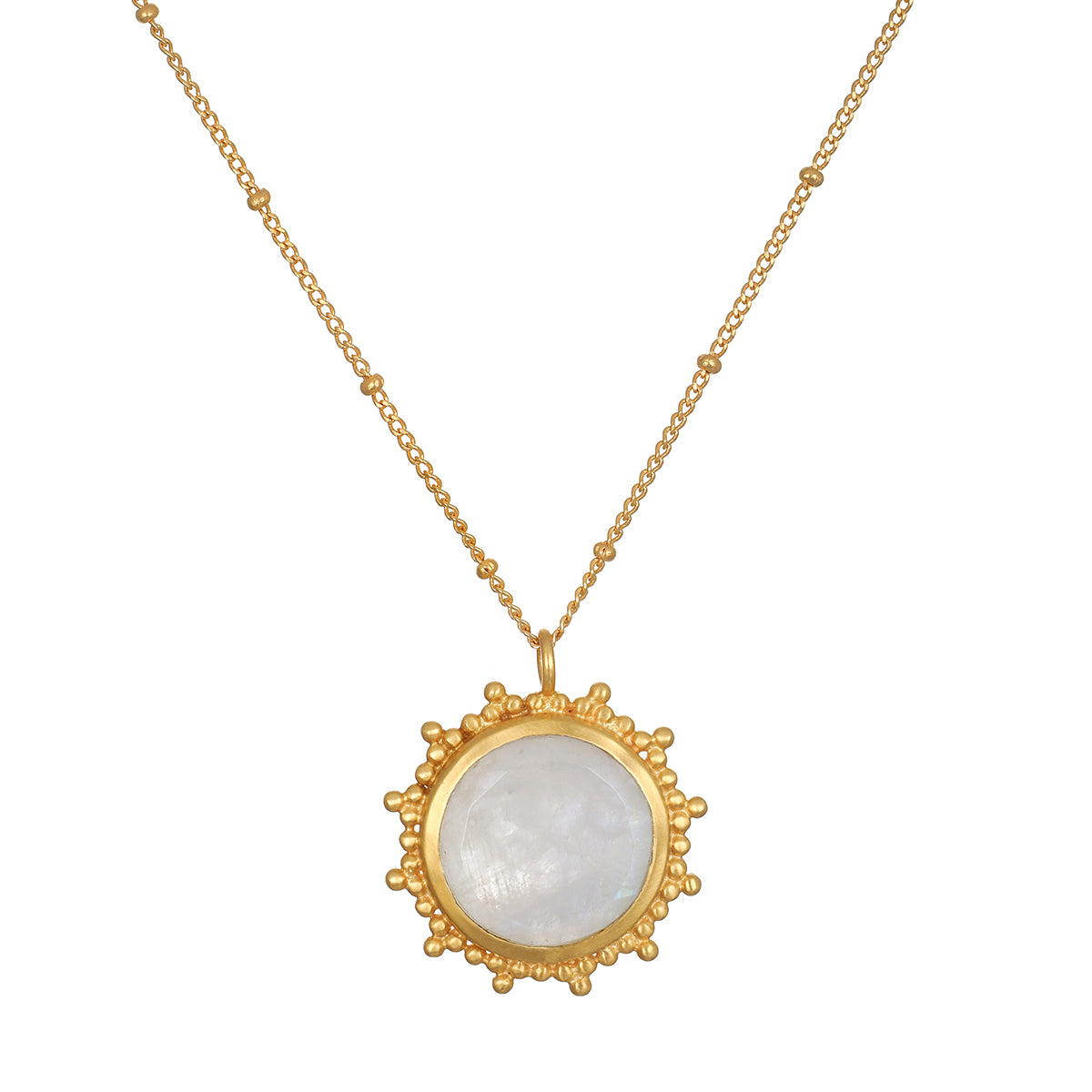 Drift Into Daydreams Moonstone Gemstone Necklace featuring a stunning moonstone pendant surrounded by an intricate beaded starburst design in 18kt gold plate, embodying spiritual jewelry and meaning for meditation and manifestation.