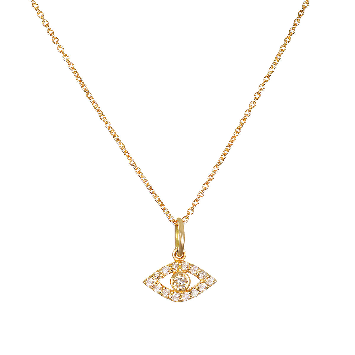 14kt gold chain necklace with eye-shaped pendant set with diamonds.
