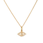 14kt gold chain necklace with eye-shaped pendant set with diamonds.