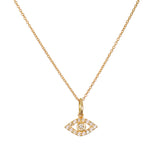 14kt gold chain necklace with eye-shaped pendant set with diamonds.