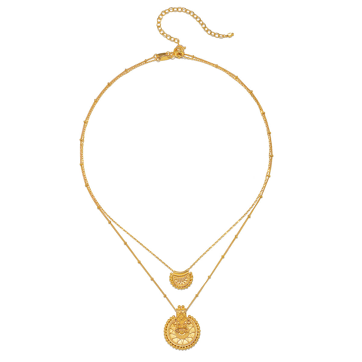 Back view of the Intention of Peace Mandala Necklace Set with the clasps visible, demonstrating the beautiful layering of the necklaces. This spiritual jewelry collection is a perfect addition for those interested in meditation and manifestation of their dreams with a touch of elegance.