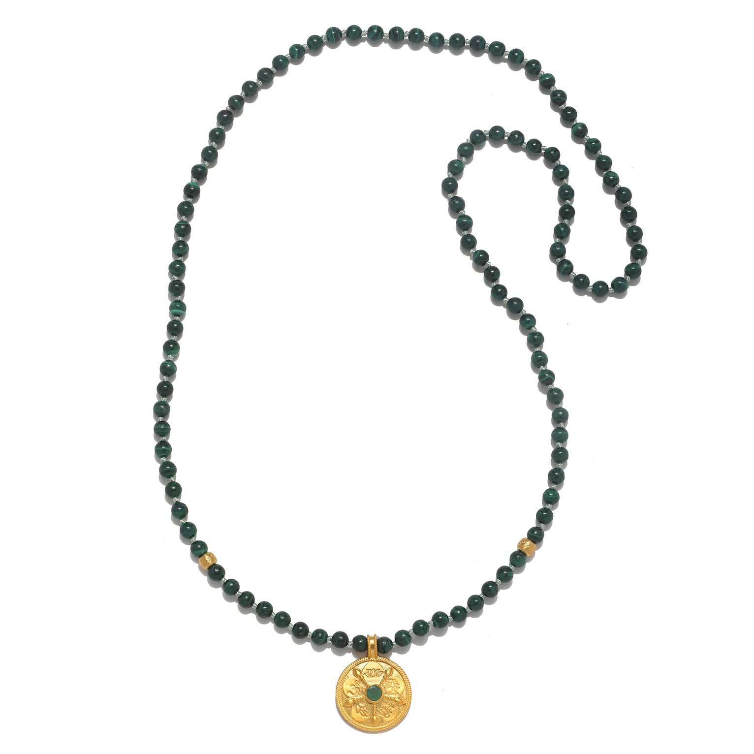All Paths Malachite Mala Necklace featuring 108 malachite beads and a stunning golden pendant with sacred symbols, perfect for spiritual jewelry and meditation, representing meaningful protection and charm for yoga and manifestation.