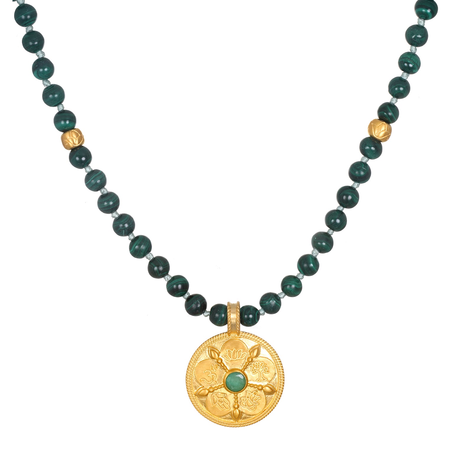 All Paths Malachite Mala Necklace featuring smooth malachite beads and a golden pendant with sacred symbols. This spiritual jewelry is ideal for meditation, serving as a talisman for protection and meaningful manifestation. Perfect for yoga enthusiasts, it embodies the essence of spiritual values and zodiac harmony.