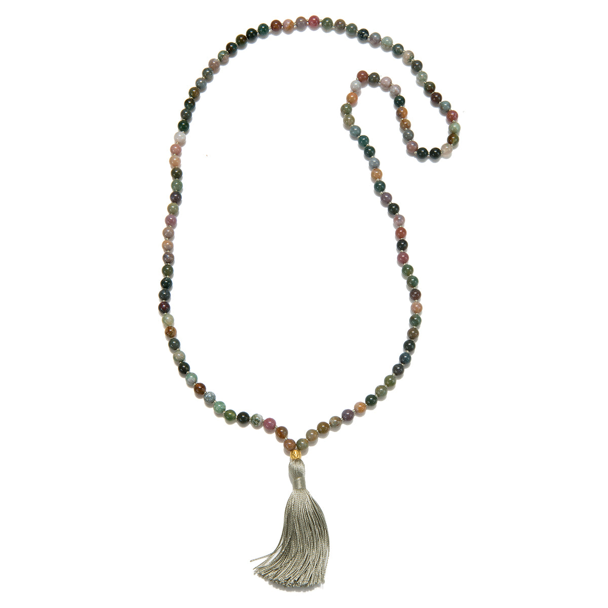 Grounding Fancy Jasper Gemstone Mala featuring 108 unique fancy jasper beads, designed for spiritual connection and meditation, symbolizing focus and creativity. This mala serves as a meaningful talisman for protection during yoga and manifestation practices.