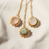 Drift Into Daydreams Moonstone Gemstone Necklace featuring three stunning moonstone pendants surrounded by beaded starburst designs, ideal for spiritual jewelry, meditation, and as a talisman representing zodiac meanings, protection, and manifestation during yoga.