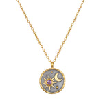 Celestial Birthstone Necklace - February featuring a striking pendant that combines 18kt gold plate with a gunmetal design, adorned with an amethyst, symbolizing spirituality and peace. This meaningful necklace embodies meditation, protection, and manifestation, evoking a connection to the sun and moon, perfect for yoga enthusiasts.