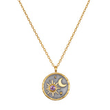 Celestial Birthstone Necklace - February featuring a striking pendant that combines 18kt gold plate with a gunmetal design, adorned with an amethyst, symbolizing spirituality and peace. This meaningful necklace embodies meditation, protection, and manifestation, evoking a connection to the sun and moon, perfect for yoga enthusiasts.