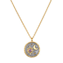 Celestial Birthstone Necklace - February featuring a striking pendant that combines 18kt gold plate with a gunmetal design, adorned with an amethyst, symbolizing spirituality and peace. This meaningful necklace embodies meditation, protection, and manifestation, evoking a connection to the sun and moon, perfect for yoga enthusiasts.