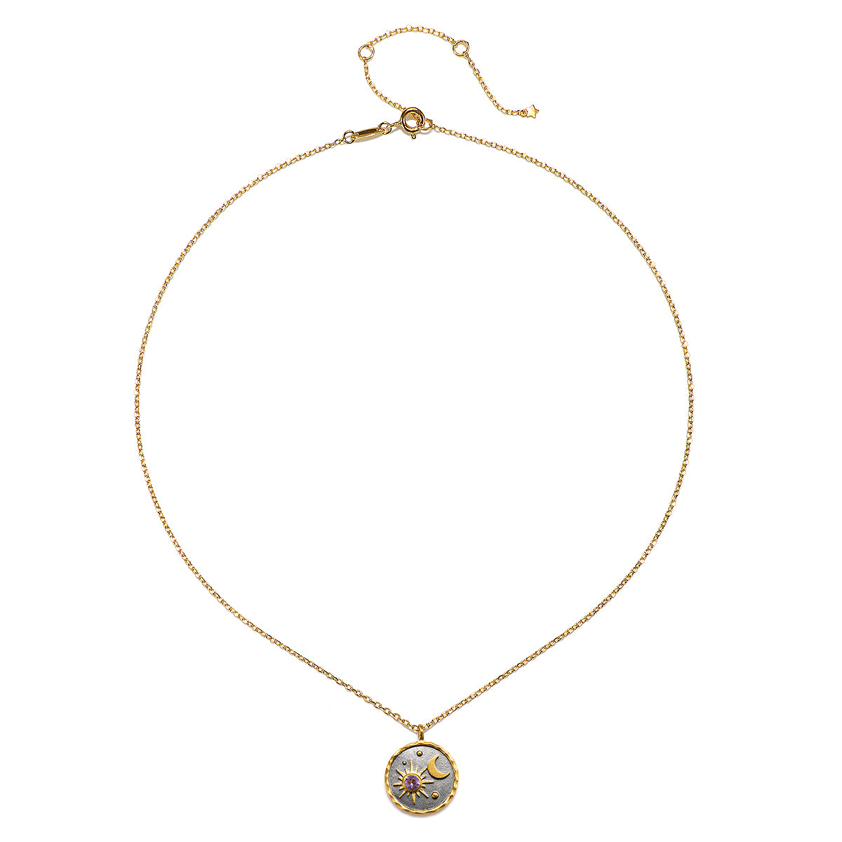 Celestial Birthstone Necklace - February displayed flat, highlighting its intricate design of a gold-plated pendant on a gunmetal background. This talisman symbolizes spirituality and prosperity, making it a perfect piece for meditation and as meaningful spiritual jewelry for zodiac lovers.