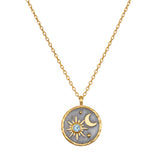 Celestial Birthstone Necklace - March featuring a beautifully crafted pendant with sun and moon designs in 18kt gold plate on a gunmetal background. This spiritual jewelry symbolizes tranquility and courage, making it a meaningful talisman for yoga and meditation practices. Ideal for manifestation and protection, it is perfect for those who embrace their zodiac connection.