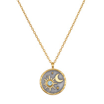 Celestial Birthstone Necklace - March featuring a beautifully crafted pendant with sun and moon designs in 18kt gold plate on a gunmetal background. This spiritual jewelry symbolizes tranquility and courage, making it a meaningful talisman for yoga and meditation practices. Ideal for manifestation and protection, it is perfect for those who embrace their zodiac connection.