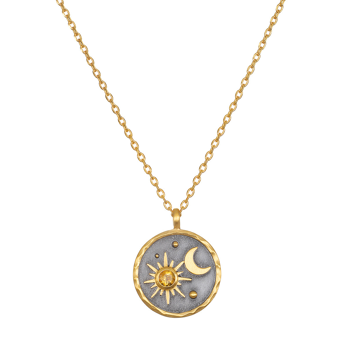 Celestial Birthstone Necklace - November featuring a radiant sun and crescent moon design set in 18kt gold plate against a gunmetal background. This stunning piece of spiritual jewelry serves as a meaningful talisman for meditation and manifestation, aligning with zodiac energies. Perfect for yoga enthusiasts seeking protection and inspiration from celestial symbols.