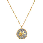 Celestial Birthstone Necklace - November featuring a radiant sun and crescent moon design set in 18kt gold plate against a gunmetal background. This stunning piece of spiritual jewelry serves as a meaningful talisman for meditation and manifestation, aligning with zodiac energies. Perfect for yoga enthusiasts seeking protection and inspiration from celestial symbols.