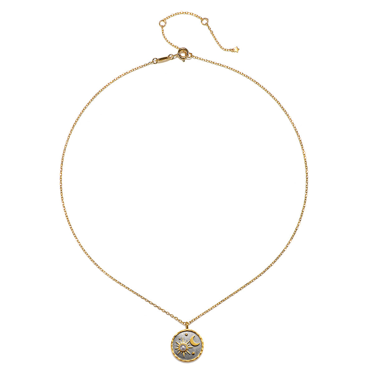 Celestial Birthstone Necklace - June displayed flat, highlighting its intricate design with a pearl accent, representing June's birthstone. This spiritual jewelry piece serves as a wonderful accessory for yoga practitioners seeking meaning and connection to their zodiac.