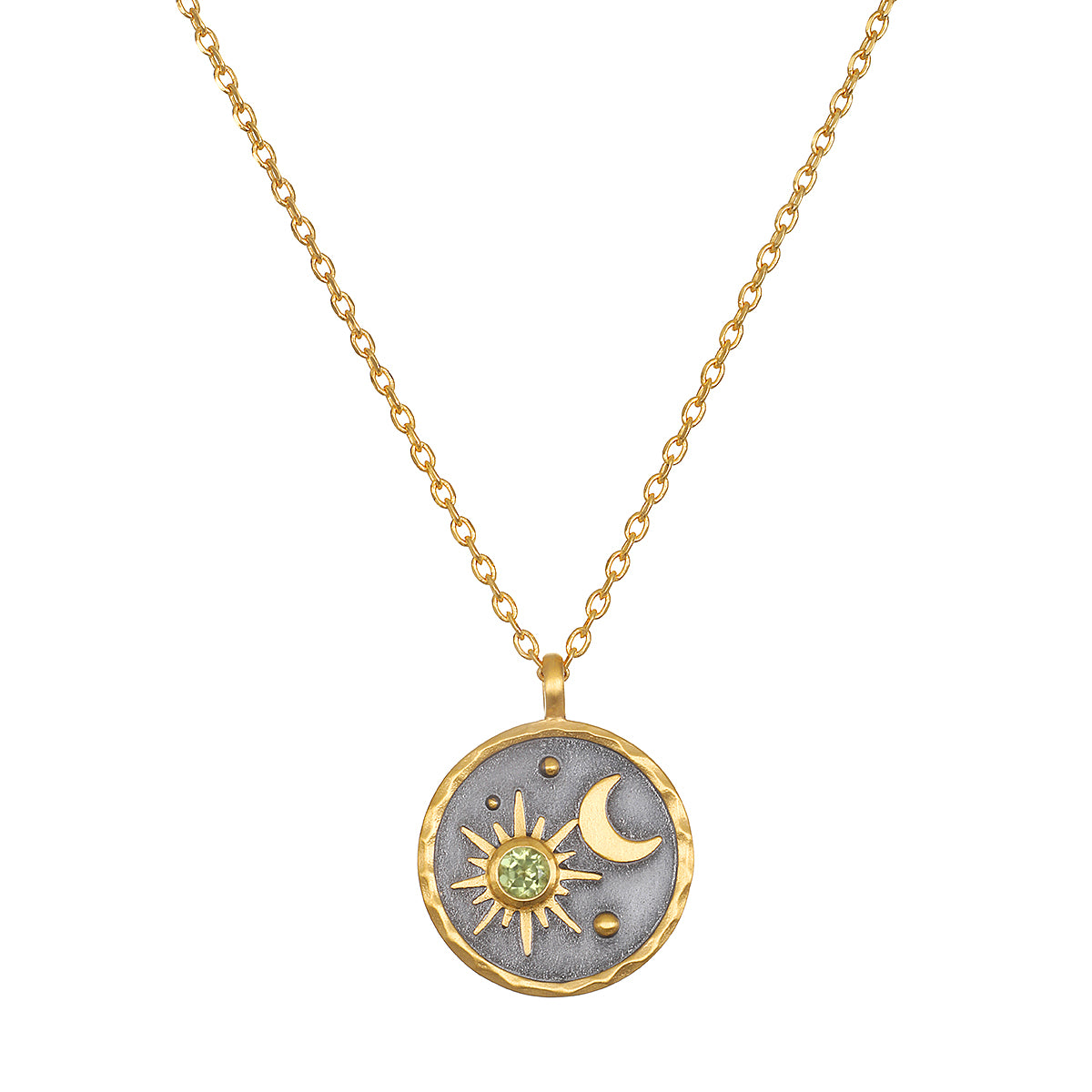 Celestial Birthstone Necklace - August showcasing an intricate pendant featuring a sun and moon design. Crafted with 18kt gold plating on a gunmetal background, this spiritual jewelry symbolizes meditation and protection, ideal for yoga practitioners seeking meaningful talismans for manifestation.
