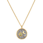 Celestial Birthstone Necklace - August showcasing an intricate pendant featuring a sun and moon design. Crafted with 18kt gold plating on a gunmetal background, this spiritual jewelry symbolizes meditation and protection, ideal for yoga practitioners seeking meaningful talismans for manifestation.