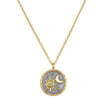 Celestial Birthstone Necklace - August showcasing an intricate pendant featuring a sun and moon design. Crafted with 18kt gold plating on a gunmetal background, this spiritual jewelry symbolizes meditation and protection, ideal for yoga practitioners seeking meaningful talismans for manifestation.
