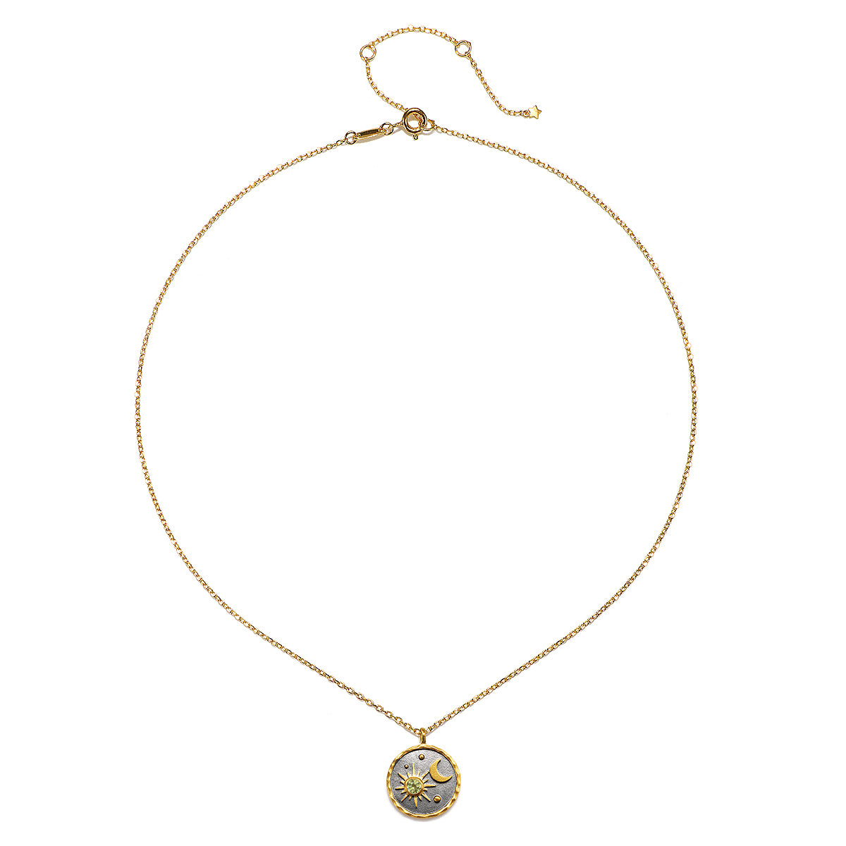 View of the Celestial Birthstone Necklace - August showing the design and chain details, including a extender finished with a sparkling star. This elegant spiritual jewelry incorporates elements of the sun and moon, providing a protective talisman for manifestation and inspiration in meditation.