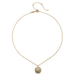 View of the Celestial Birthstone Necklace - August showing the design and chain details, including a extender finished with a sparkling star. This elegant spiritual jewelry incorporates elements of the sun and moon, providing a protective talisman for manifestation and inspiration in meditation.