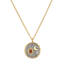 Celestial Birthstone Necklace - January featuring a pendant with a sun and moon design in 18kt gold plate on a gunmetal background, accented with a red garnet, symbolizing friendship and love, perfect for spiritual jewelry and meditation.