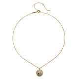 Celestial Birthstone Necklace - January displayed on a white background, featuring a gold chain and an intricately designed pendant with sun and moon elements, ideal for spiritual jewelry and meditation, symbolizing protection and meaning.