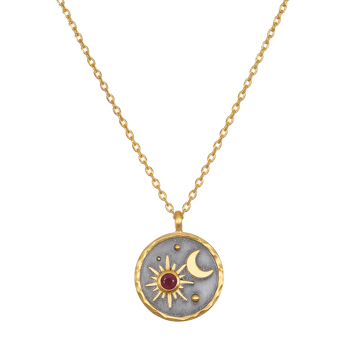Celestial Birthstone Necklace - July featuring a sun and moon design, accented with a ruby birthstone. This spiritual jewelry symbolizes passion and prosperity, making it a meaningful talisman for meditation and manifestation. Ideal for yoga enthusiasts seeking protection and spiritual significance in their accessories.