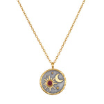 Celestial Birthstone Necklace - July featuring a sun and moon design, accented with a ruby birthstone. This spiritual jewelry symbolizes passion and prosperity, making it a meaningful talisman for meditation and manifestation. Ideal for yoga enthusiasts seeking protection and spiritual significance in their accessories.