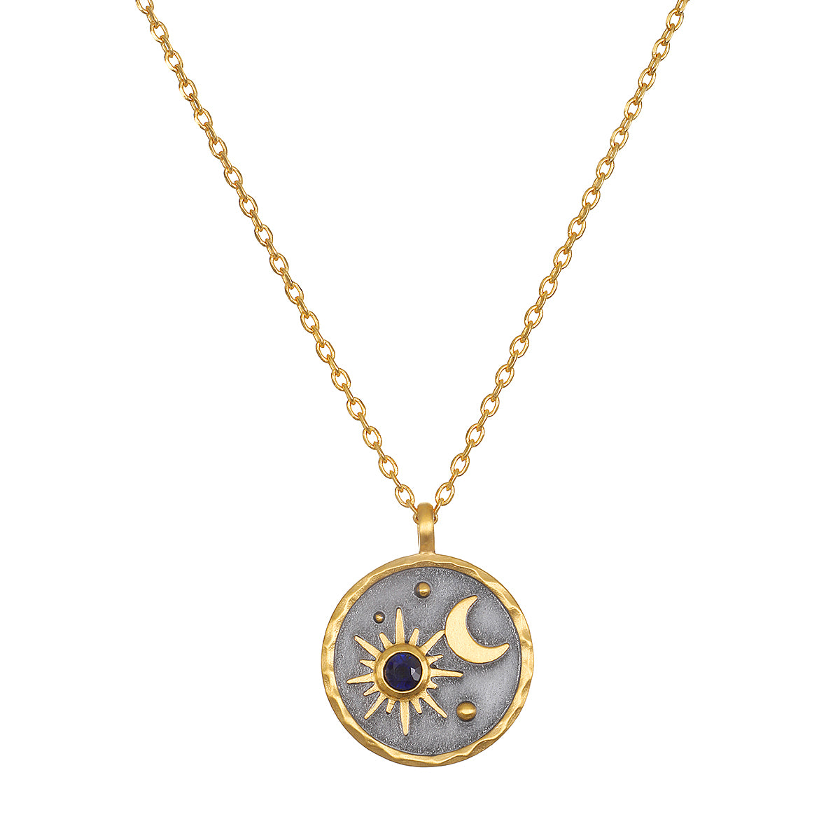 Celestial Birthstone Necklace - September featuring a sun and moon design in 18kt gold plate set on a gunmetal background, perfect for spiritual jewelry, meditation, and meaningful manifestations of protection.