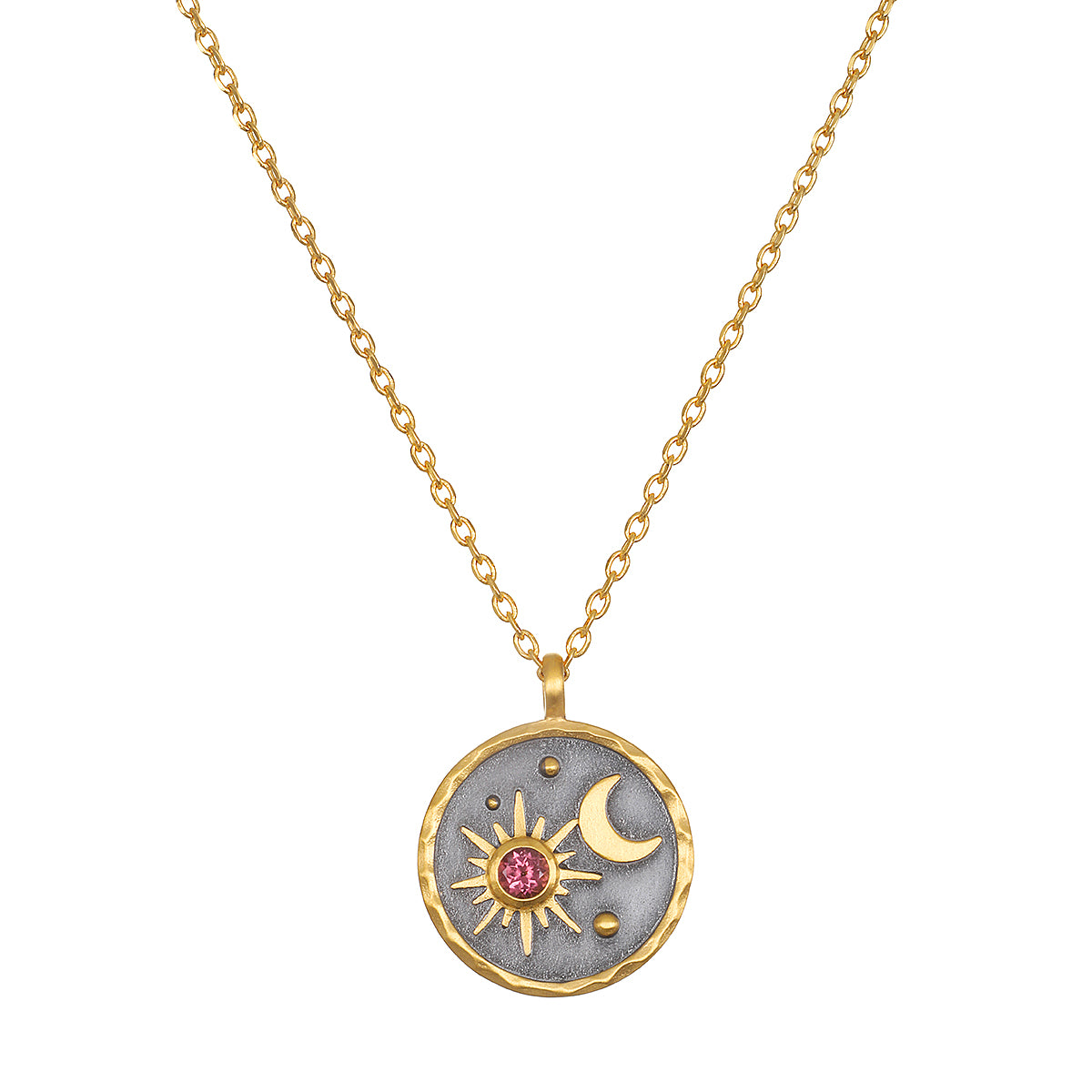 Celestial Birthstone Necklace - October featuring a sun and moon design in 18kt gold plate against a gunmetal background. This spiritual jewelry piece symbolizes meditation and protection, perfect as a talisman for manifestation, enhancing your yoga practice.