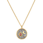 Celestial Birthstone Necklace - October featuring a sun and moon design in 18kt gold plate against a gunmetal background. This spiritual jewelry piece symbolizes meditation and protection, perfect as a talisman for manifestation, enhancing your yoga practice.