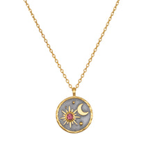 Celestial Birthstone Necklace - October featuring a sun and moon design in 18kt gold plate against a gunmetal background. This spiritual jewelry piece symbolizes meditation and protection, perfect as a talisman for manifestation, enhancing your yoga practice.