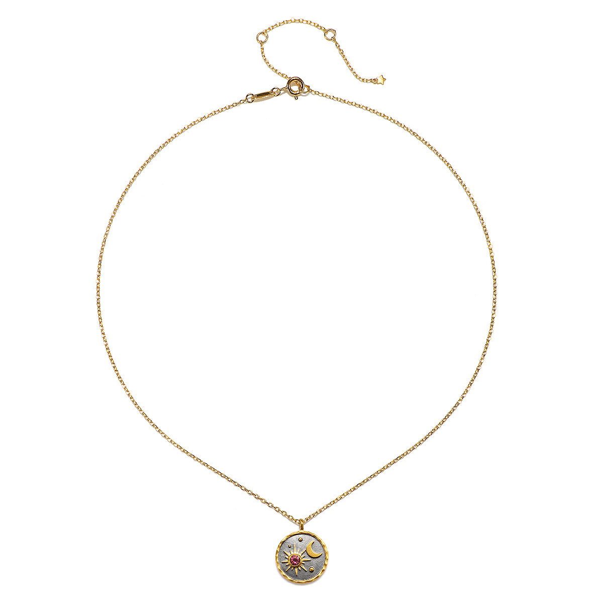The Celestial Birthstone Necklace - October displayed on a white background, highlighting the detailed 18kt gold plate pendant with a tourmaline accent. This spiritual piece is a beautiful talisman that embodies protections and serves as an inspiration for meditation and yoga.
