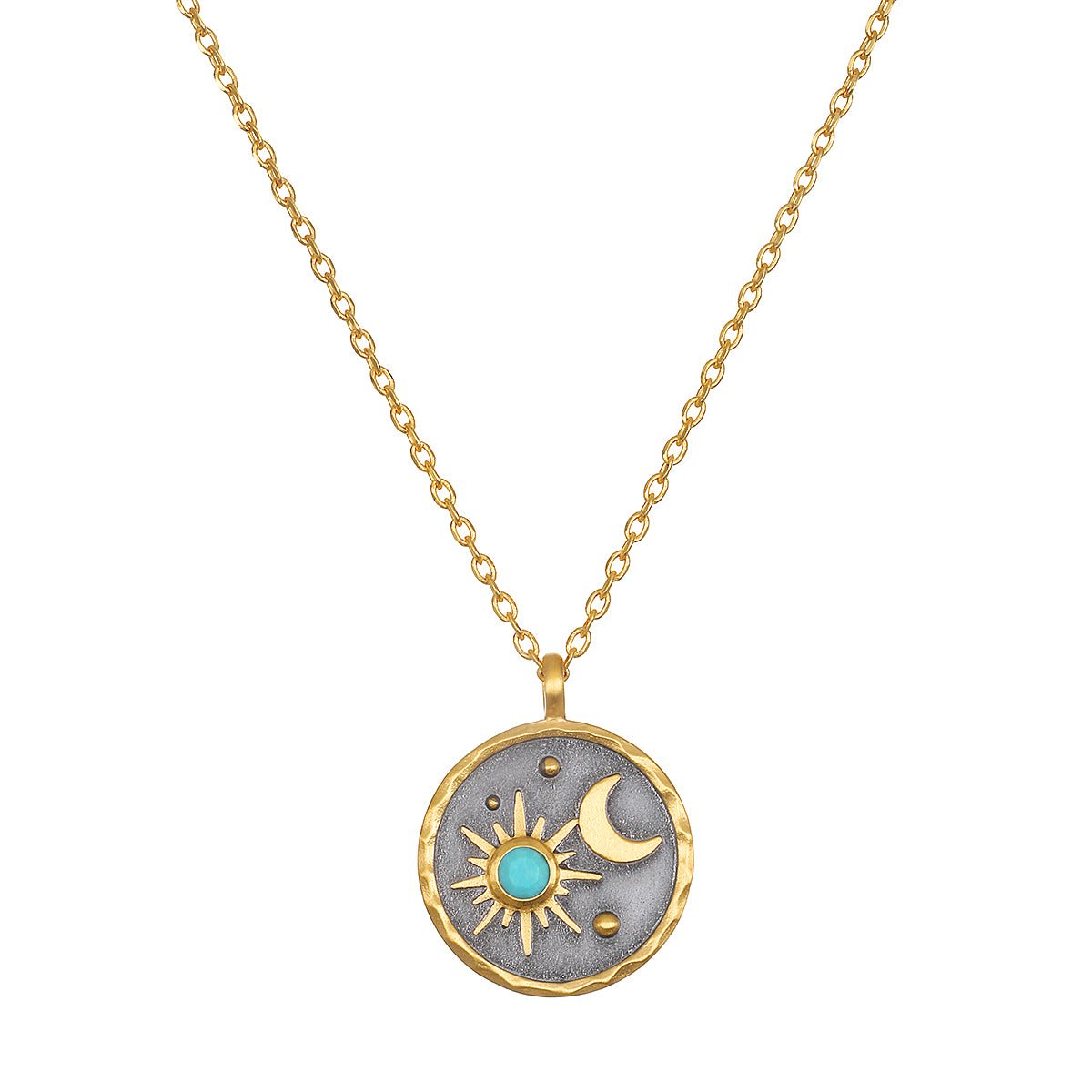 Celestial Birthstone Necklace - December featuring a sun and moon design with turquoise accent. This spiritual jewelry piece symbolizes health and self-expression, making it a meaningful talisman for yoga and meditation practices.