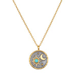 Celestial Birthstone Necklace - December featuring a sun and moon design with turquoise accent. This spiritual jewelry piece symbolizes health and self-expression, making it a meaningful talisman for yoga and meditation practices.