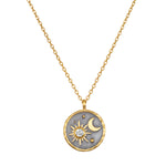 Celestial Birthstone Necklace - April featuring a stunning sun and moon design in 18kt gold plate against a gunmetal background. This spiritual jewelry piece symbolizes individuality and creativity, perfect for meditation and manifestation. Ideal for yoga enthusiasts seeking meaningful talismans for protection and spiritual growth.