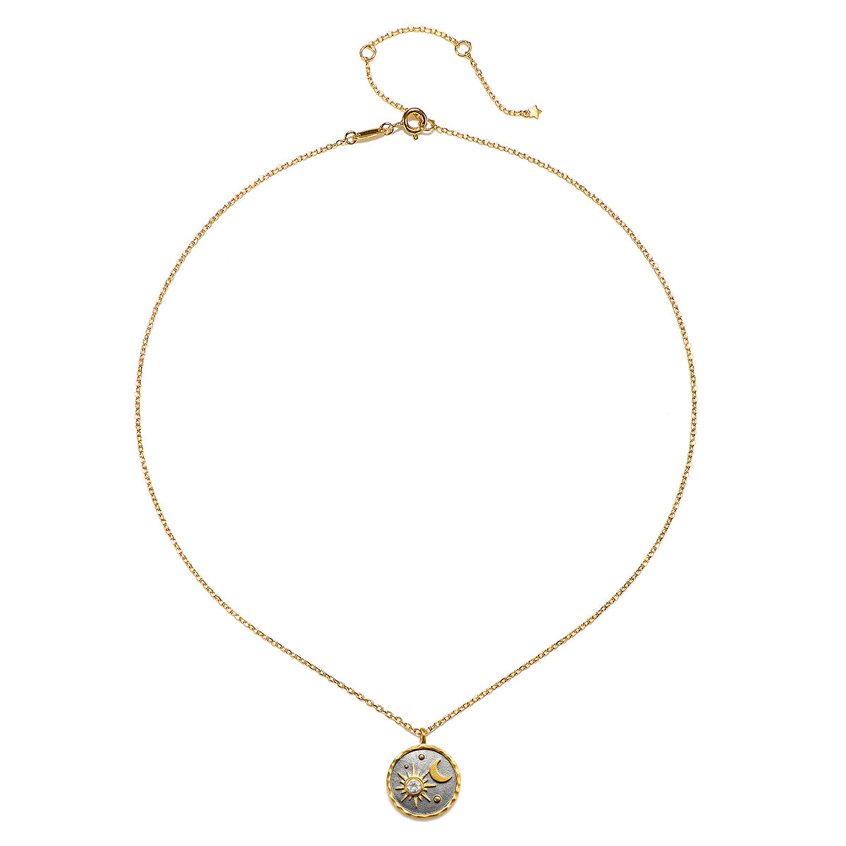 Celestial Birthstone Necklace - April showcasing the elegant chain and detailed pendant design. This spiritual necklace offers a mix of sun and moon elements, enhancing your meditation practice. A beautiful talisman for those interested in yoga, zodiac meanings, and meaningful connections.