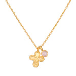The Compassionate Faith Rose Quartz Cross Necklace featuring an intricately designed 18kt gold plated cross pendant alongside a glowing rose quartz charm, perfect for spiritual jewelry, meditation, and meaningful manifestation.